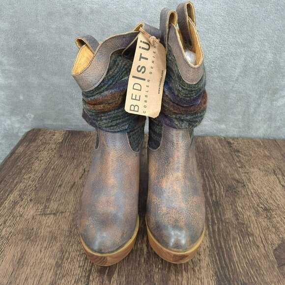 BedStu Bruges Platform Wedge Boots 8.5 Blue Red Multi Slouch Fabric Leather Wood - Picture 5 of 13